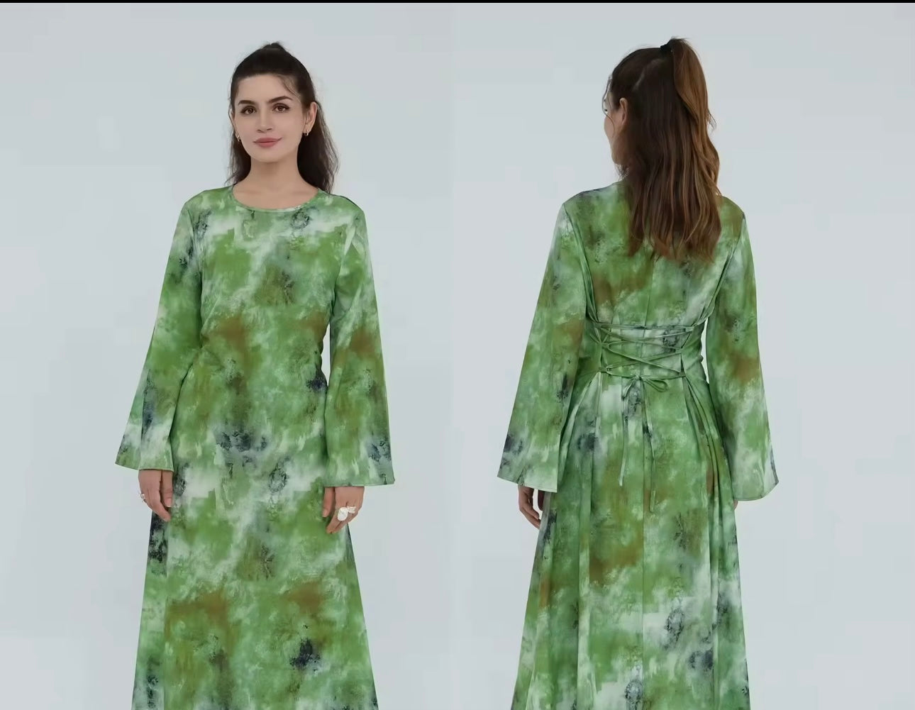 Tie dye print long sleeve belted dress