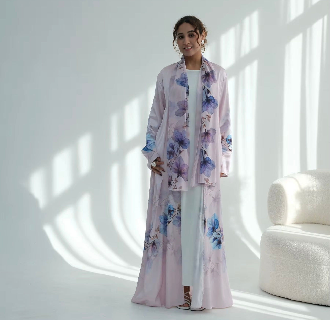 Floral satin open abaya with matching hijab