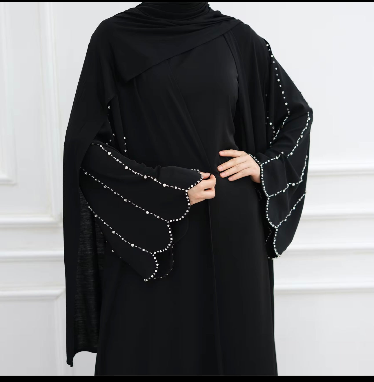Luxury diamond beaded open abaya