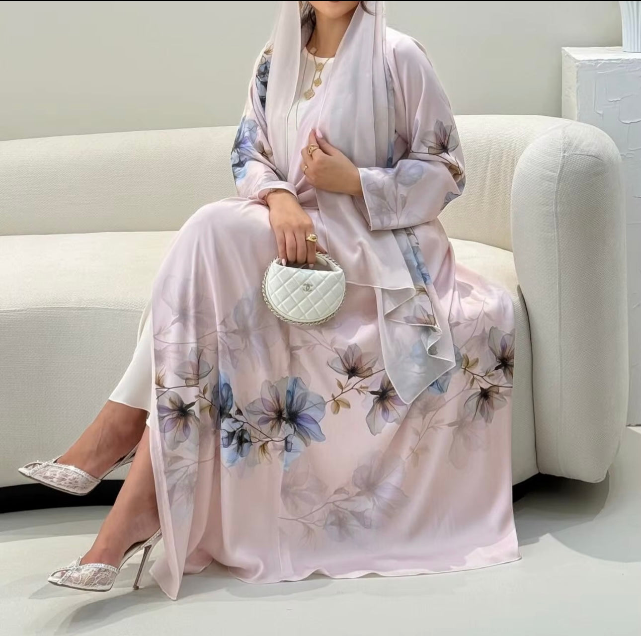 Floral satin open abaya with matching hijab