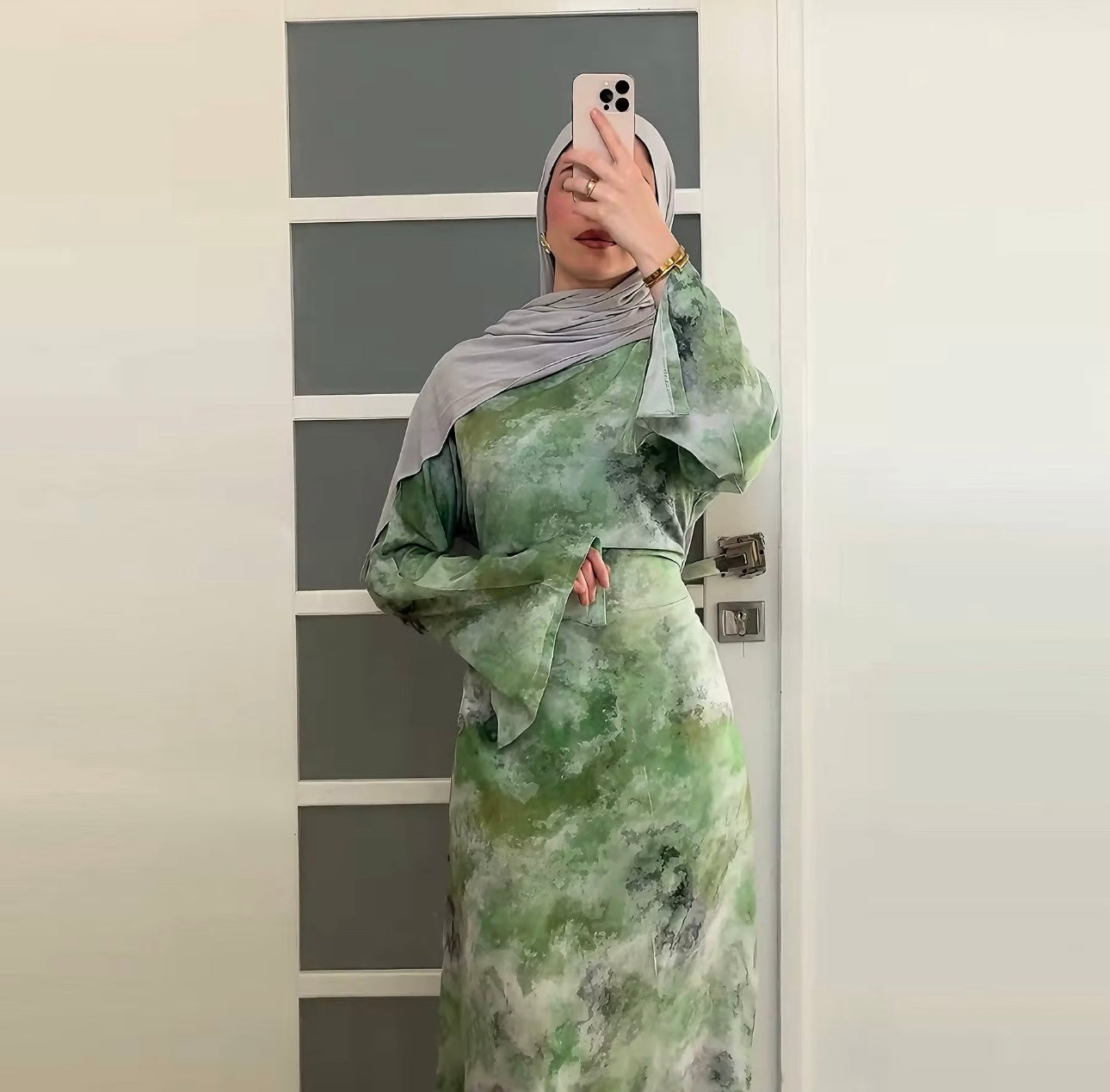 Tie dye print long sleeve belted dress