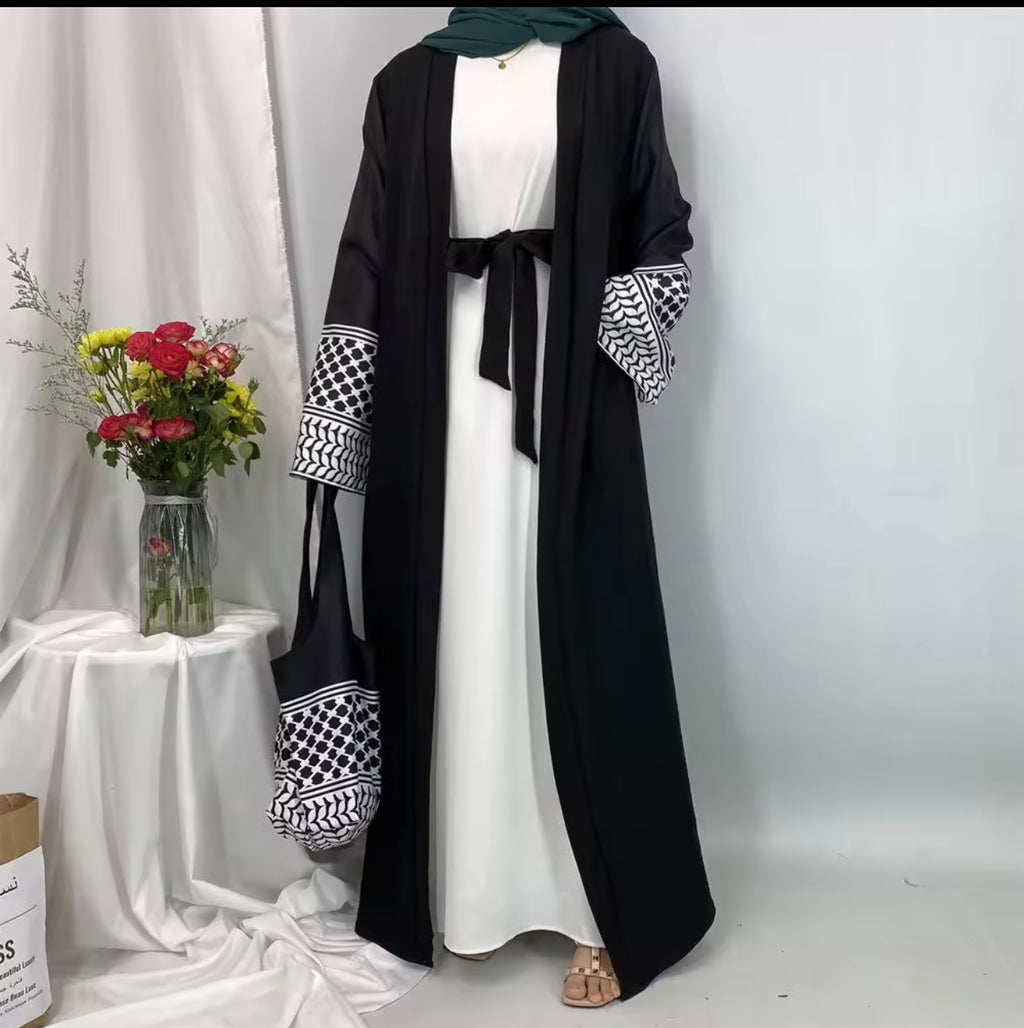 Kefiyyeh embroidery open abaya with cross body bag