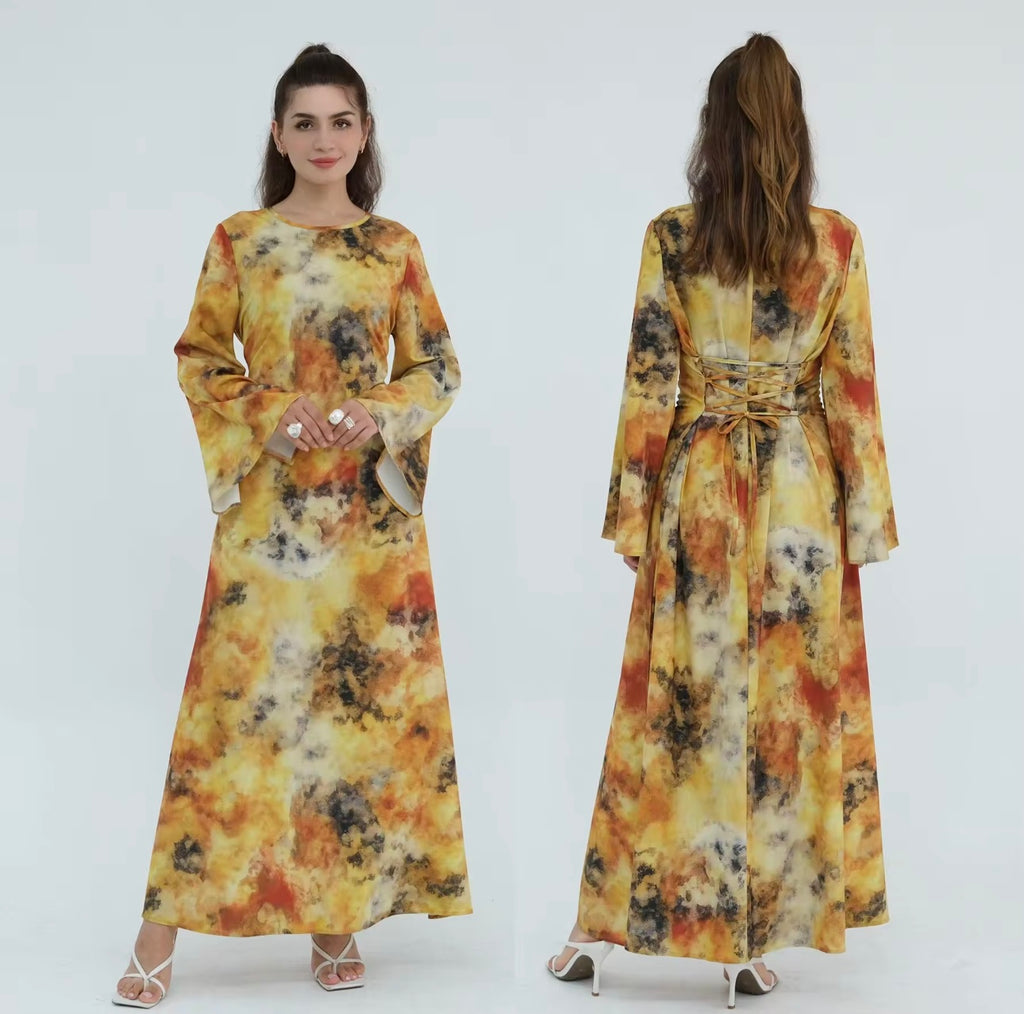 Tie dye print long sleeve belted dress