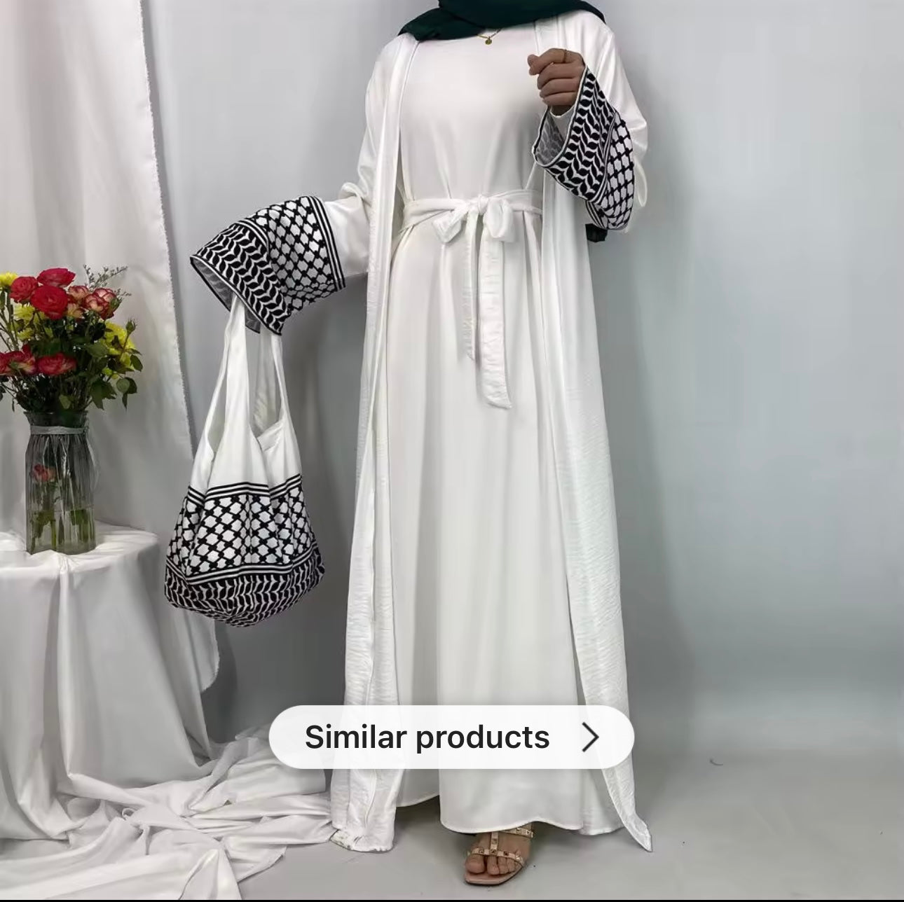 Kefiyyeh embroidery open abaya with cross body bag