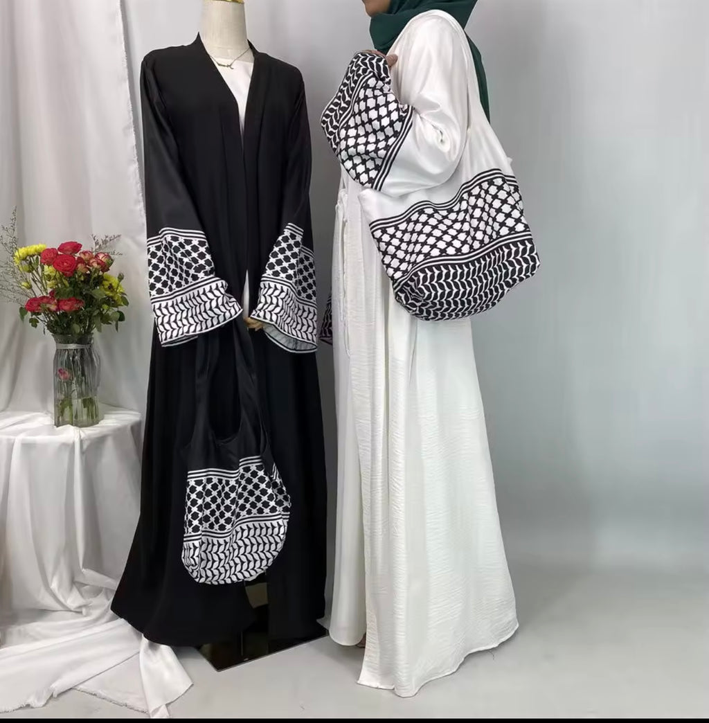 Kefiyyeh embroidery open abaya with cross body bag
