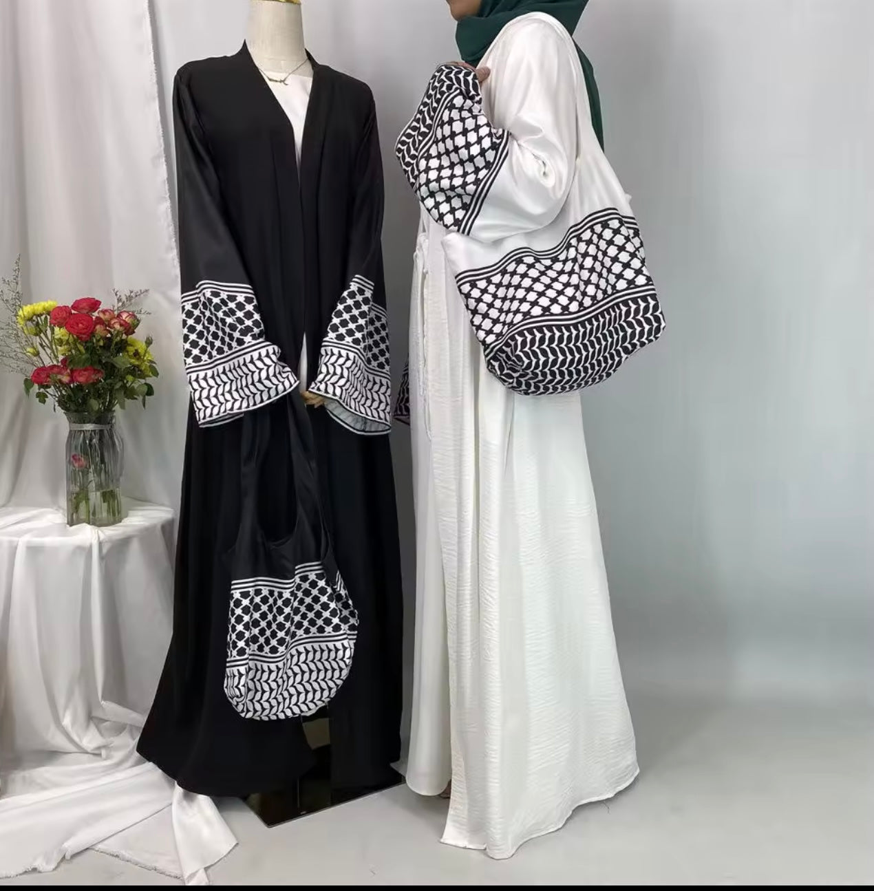 Kefiyyeh embroidery open abaya with cross body bag
